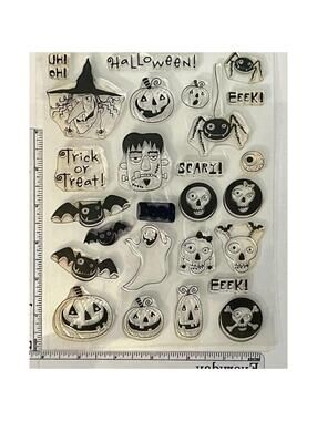 Fiskars Halloween Clear Stamp Set Trick or Treat Ghost Pumpkins Bats Skulls
